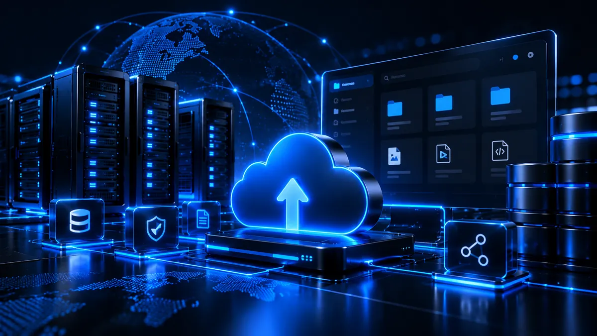 Infrastructure de stockage : baies de serveurs, nuage lumineux et explorateur de fichiers.